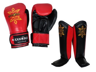 Kanong Valódi bőr  Muay Thai kesztyű + lábszárvédő : Piros/Fekete
